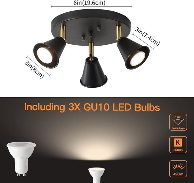 SEEBLEN 3-Light Industrial Directional Track Lighting, Adjustable Round Ceiling Spotlight, Morden Black Flush Mount Kitchen Light for Kitchen,Hallway,Dining Room,Porch,Office.Gu10 Bulbs Included