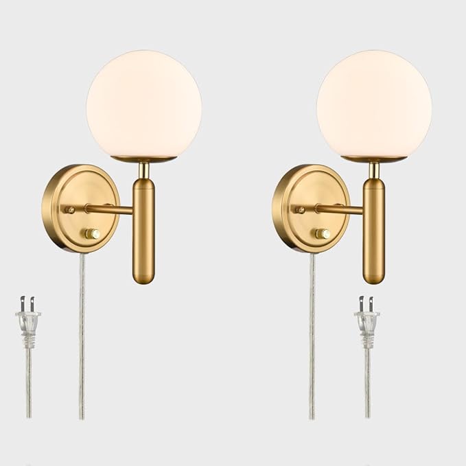 DIRYZON Modern Plug in Wall Light Dimmable Wall Sconces Set of 2 with Switch Brass Wall Sconce for Bedroom Bathroom,Opal Globe Glass
