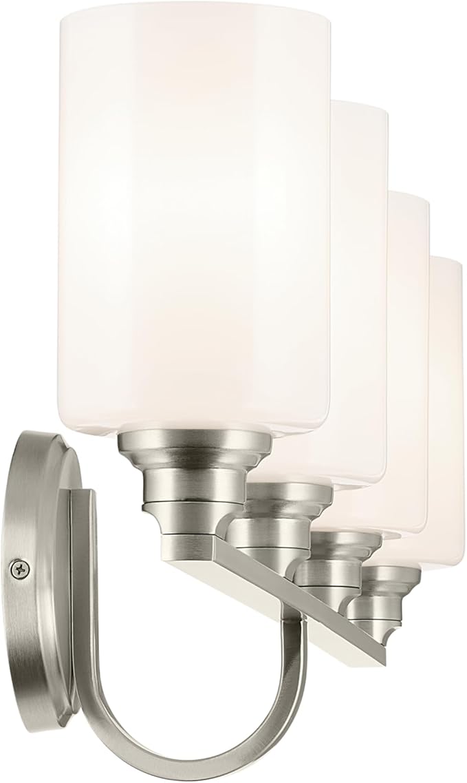Kichler Gioe 32.25 in 4-Light Bathroom Vanity Light Fixture with Opal Glass in Brushed Nickel, Modern Wall Mount Over Mirror for Powder Room, Damp Rated (32.25 in W x 10.5 in H), 55227NI