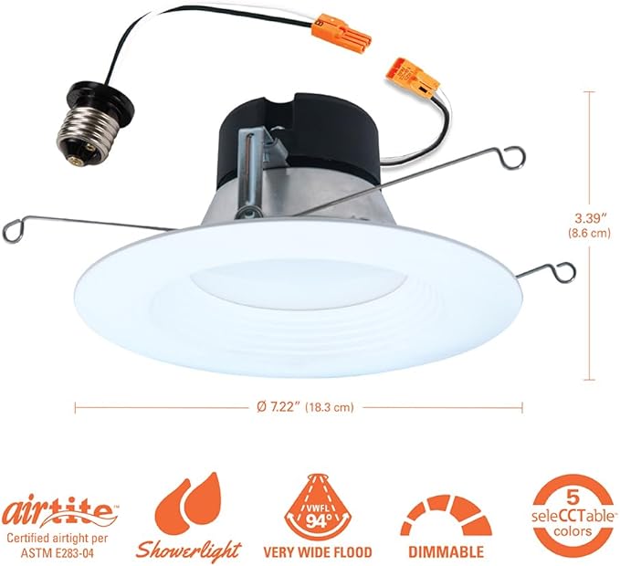 HALO 5 inch / 6 inch LED Recessed Light Trim 750 Lumens Dimmable Baffle Can Light with 5 Color Temperatures for Ceiling Indoor Outdoor Shower LT56079FS1EWHR
