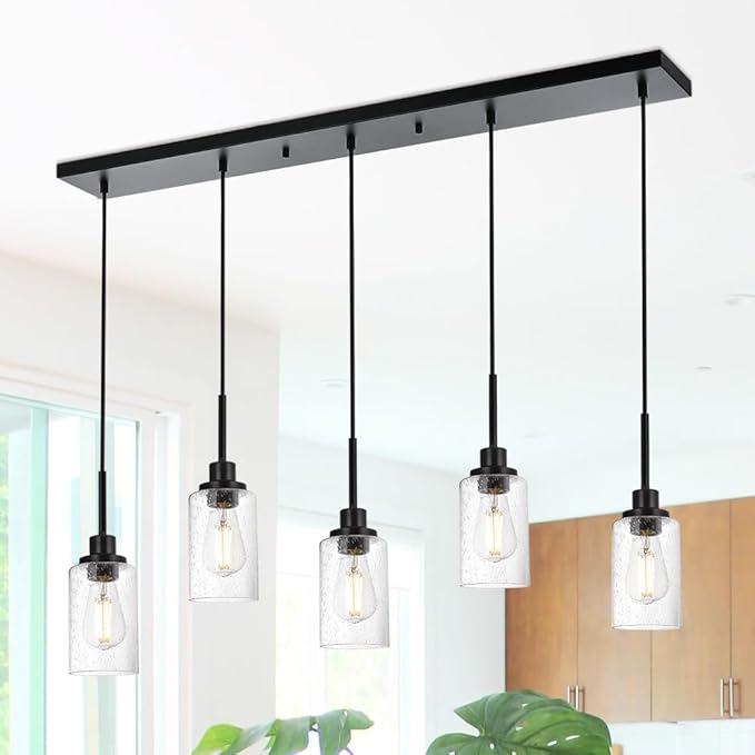 TODOLUZ 5-Lights Pendant Light Fixtures, Kitchen Island Lighting with Adjustable Cord, Hanging Ceiling Lamp Seeded Glass for Dining Room Pool Table