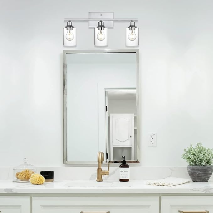 VINLUZ 3 Light Wall Light Fixture with Clear Glass Shade Classic Bathroom Vanity Lighting Fixture in Chrome Finish Metal Wall Mounted Lamp for Powder Room Hallway
