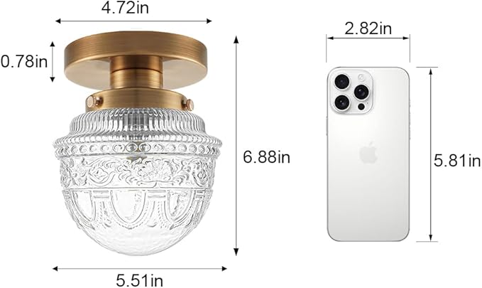 DSMJFU Brass Semi Flush Mount Ceiling Light, Small Hallway Light Fixture, Vintage Close to Ceiling Light Fixture for Bathroom, Entryway, Foyer, Closet
