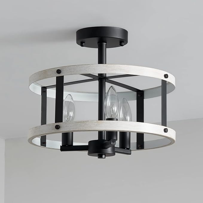AGV LIGHTING Farmhouse Semi Flush Mount Ceiling Light Fixture There-Light Close to Ceiling Light, White Ash Wood Texture with Black Bronze Finish