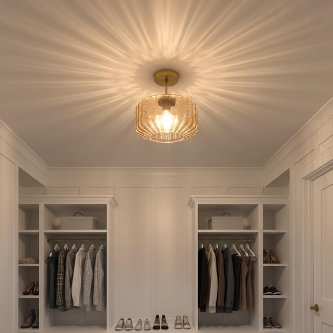 Amber Glass Flush Mount Ceiling Light Fixture, 11.02 Inch Modern Dome Light with Warm Gold Finish for Bedroom, Kitchen, Textured Glass Shade, Easy to Install, 1-Light E26 Socket