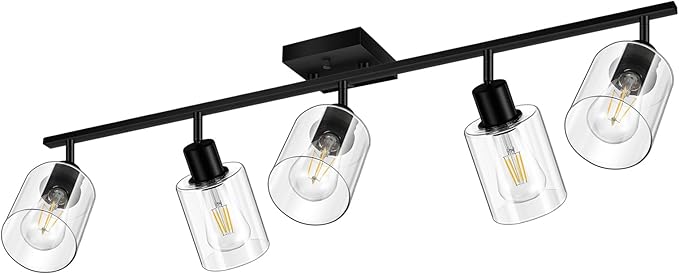 5-Light Track Lighting Fixtures with Clear Glass Shade, Modern Kitchen Lighting Fixtures Ceiling, Rotatable Track Head, Wall Mount Track Light for Bedside Vanity Hallway Bedroom, Matte Black