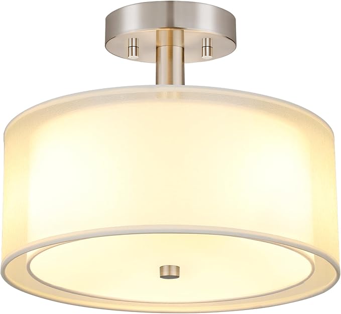FOLKSMATE Semi Flush Mount Ceiling Light Fixture, Gold 3-Light Drum Light with Double Fabric Shade, Modern Close to Ceiling Lamps for Living Room, Bedroom, Dining Room, Kitchen, Hallway, Entry, Foyer