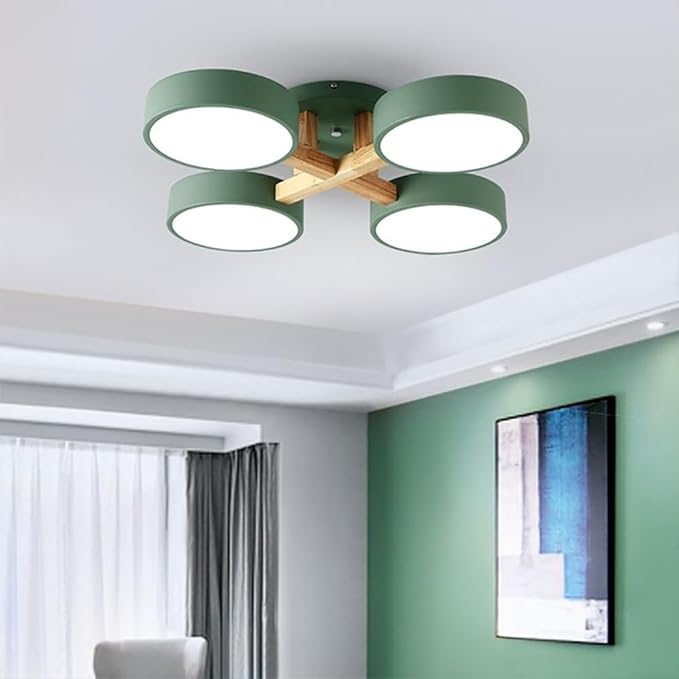 LED Ceiling Light Fixture,24 Inch 4-Lights Modern Ceiling Lights Flush Mount Wooden 44W Chandelier for Living Room Bedroom Kitchen,Dimmable 3000K/4000K/6000K Temperatures Selectable, Green