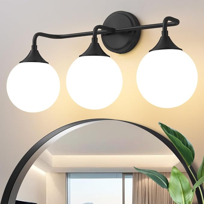 Black Bathroom Light Fixtures, Modern Vanity Lighting Over Mirror, Mid Century Modern Matte Black Wall Sconce 3-Light with Milky White Glass Ball Shades