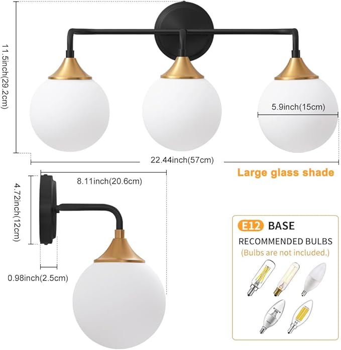Bathroom Light Fixtures, Black Gold Bathroom Vanity Lights Over Mirror, Modern Farmhouse Wall Sconce Lighting 3-Light with Milk White Glass Ball Shades