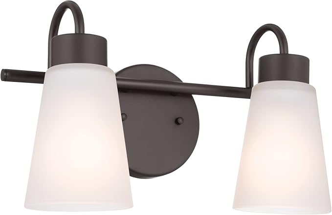 Kichler Erma 2-Light Bathroom Vanity Light Fixture with Satin Etched Glass Shades, Updated Traditional Wall Sconce in Olde Bronze for Mirror (13.5" x 8.5" x 6"), 55125OZ