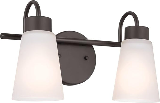 Kichler Erma 2-Light Bathroom Vanity Light Fixture with Satin Etched Glass Shades, Updated Traditional Wall Sconce in Olde Bronze for Mirror (13.5" x 8.5" x 6"), 55125OZ