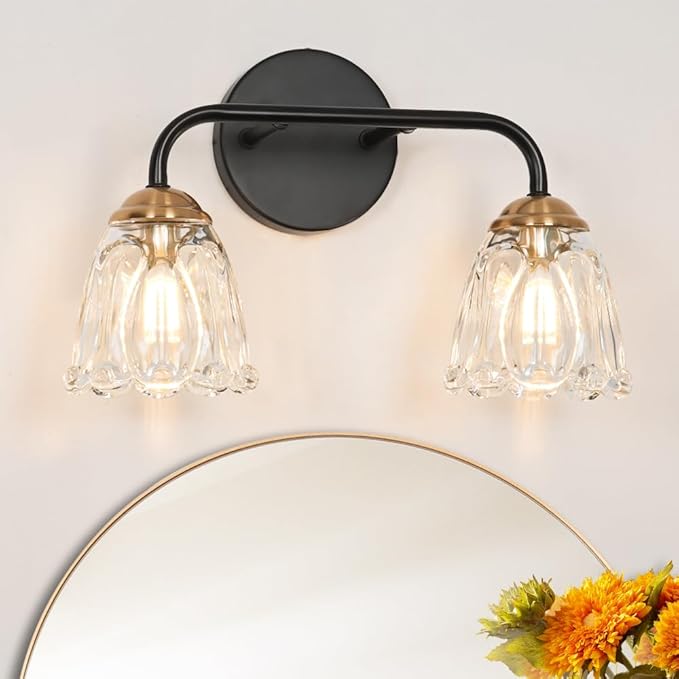Antique 2 Light Bathroom Light Fixtures, Black and Gold Vanity Lights for Bathroom, Vanity Light Fixture with Clear Glass, Vintage Bathroom Lights over Mirror, Wall Sconce for Bedroom, Living Room