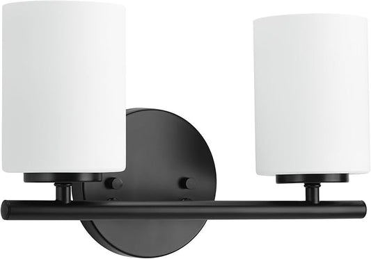 Progress Lighting 2-Light Bathroom Vanity Light, Modern Bath Lighting Fixture with Etched White Glass Shades for Over the Mirror, Reversible Mounting, Replay Collection, Textured Black
