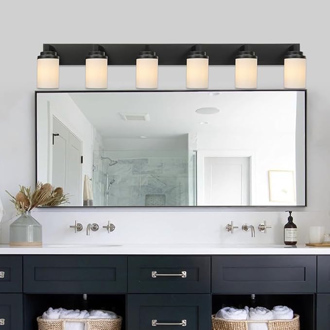 TODOLUZ Matte Black Bathroom Light Fixtures, 6-Lights Vanity Lighting Over Mirror with Opal White Glass Shades, Farmhouse Wall Lamp E26 Bulb Base