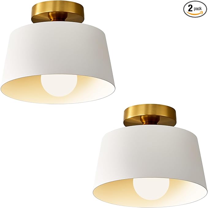 Modern Semi Flush Mount Ceiling Light 2 Pack,Metal Ceiling Light Fixture,E26 Ceramic Lamp Head,White and Gold Ceiling Lamp for Hallway Kitchen Entryway Bedroom Laundry Room (10Inch)
