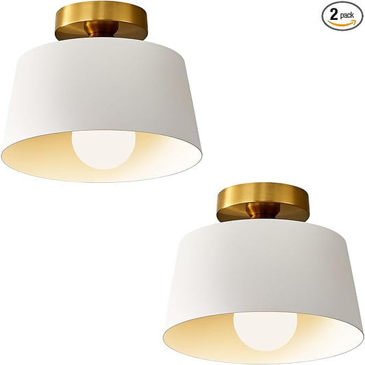 Modern Semi Flush Mount Ceiling Light 2 Pack,Metal Ceiling Light Fixture,E26 Ceramic Lamp Head,White and Gold Ceiling Lamp for Hallway Kitchen Entryway Bedroom Laundry Room (10Inch)