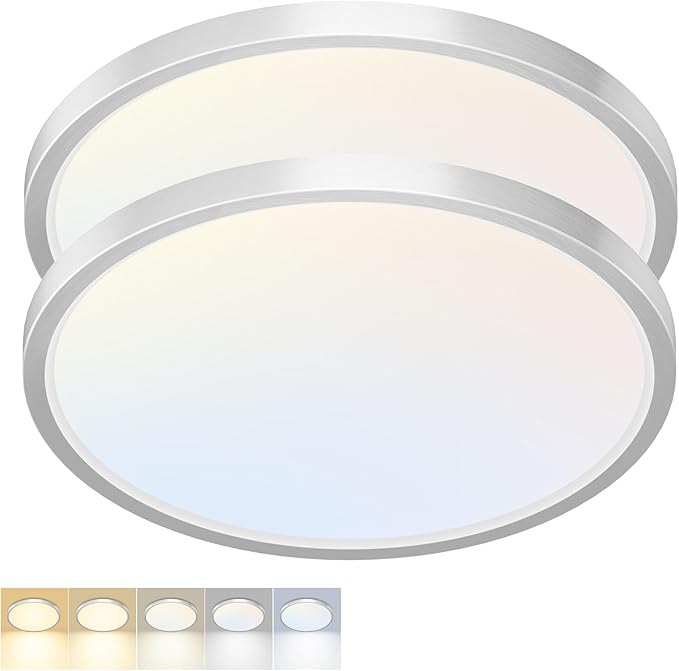 2 Pack LED Flush Mount Ceiling Light,12Inch 24W,3000K/3500K/4000K/5000K/6500K 5 Color Temperatures Ceiling Light Fixture for Kitchen Porch Hallway Bedroom Bathroom and Closet,Brushed Nickel