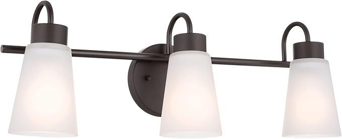 Kichler Erma 3-Light Bathroom Vanity Light Fixture with Satin Etched Glass Shades, Traditional Wall Mount Lighting over Mirror in Olde Bronze, 23 x 8.5 in, 45887NI