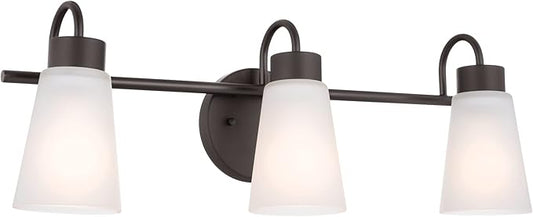 Kichler Erma 3-Light Bathroom Vanity Light Fixture with Satin Etched Glass Shades, Traditional Wall Mount Lighting over Mirror in Olde Bronze, 23 x 8.5 in, 45887NI