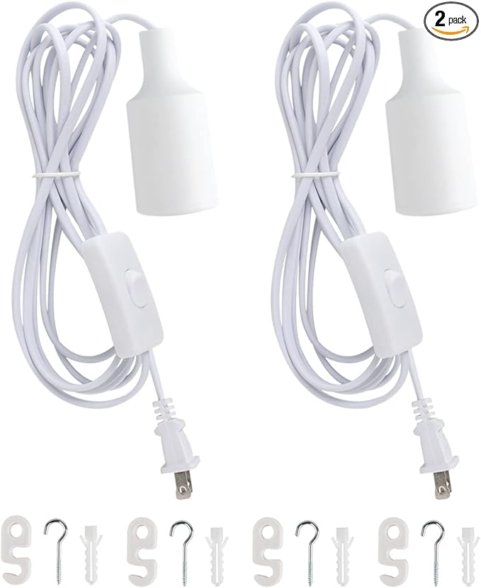 Plug in Hanging Light Kit, Retro Hanging Lights with Plug in Cord, E26 E27 Industrial Pendant Light Fixture, 9.8 FT Cord with On/Off Switch Hanging Lamp for Living Room Bedroom 2 Pack (White)