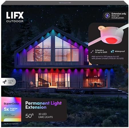 LIFX 50ft Permanent Outdoor Light Extension, Smart RGBW LED Strip, Wi-Fi Enabled, Supercolor, Compatible with Alexa, Google, Requires Base Kit for Holiday & Everyday Use, LFXSL50-30/LED/50EXT