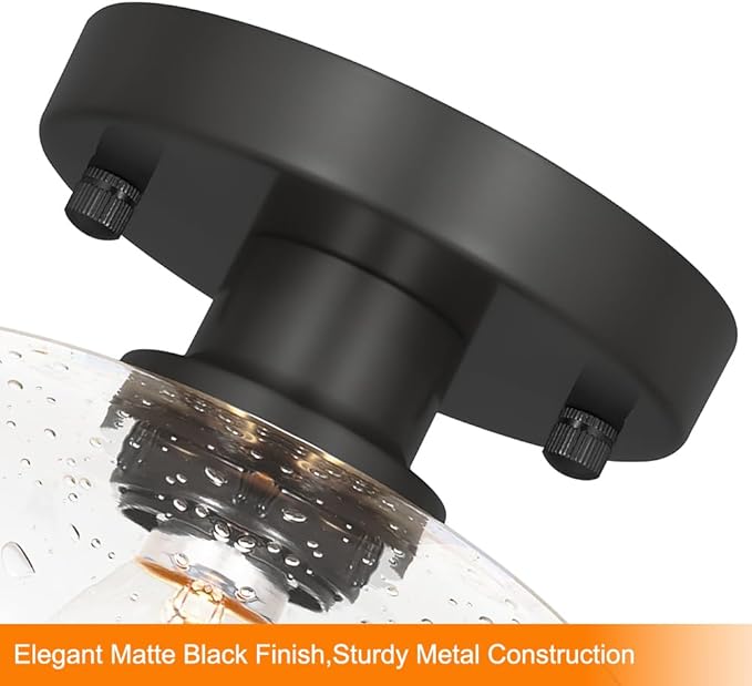 Classic Black Hallway Light Fixture - 8 Inch Round Semi Flush Mount Ceiling Light with Seeded Glass Shade, Mid-Century Style Close to Ceiling Design for Entryways & Corridors