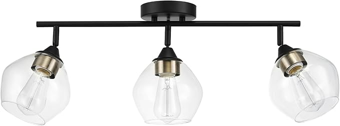 Globe Electric 59619 Harrow 3-Light Track Lighting, Matte Black, Antique Brass Accents, Clear Glass Shades, Bulbs Included, 650 Lumen