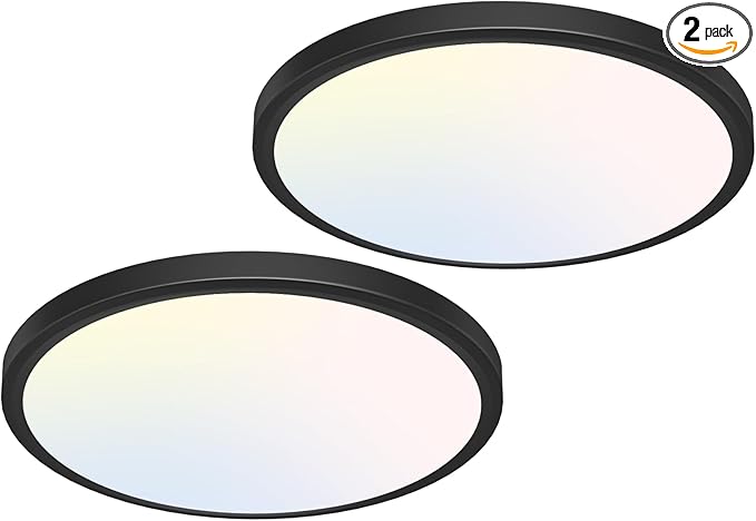 libtit 12 inch Flush Mount LED Ceiling Light Fixture, 3000K 4000K 6500K Adjustable, 28W 3200lm Black Round Lighting Fixtures for Bathroom Shower Hallway Kitchen, 2 Pack