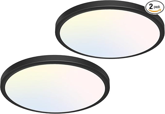 libtit 12 inch Flush Mount LED Ceiling Light Fixture, 3000K 4000K 6500K Adjustable, 28W 3200lm Black Round Lighting Fixtures for Bathroom Shower Hallway Kitchen, 2 Pack