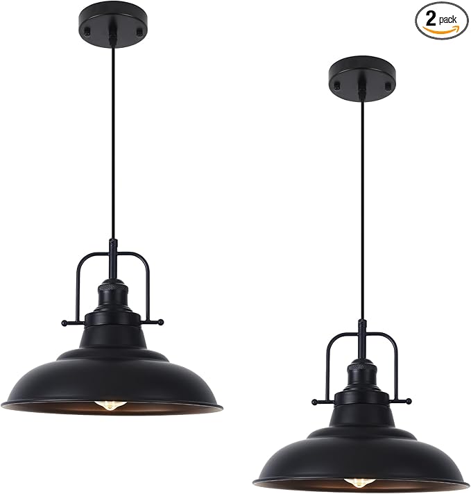 Farmhouse Pendant Lighting for Kitchen Island 2 Pack,Black Pendant Light with Handle, Adjustable Height Industrial Ceiling Light Fixture for Hallway Dining Room Restaurant