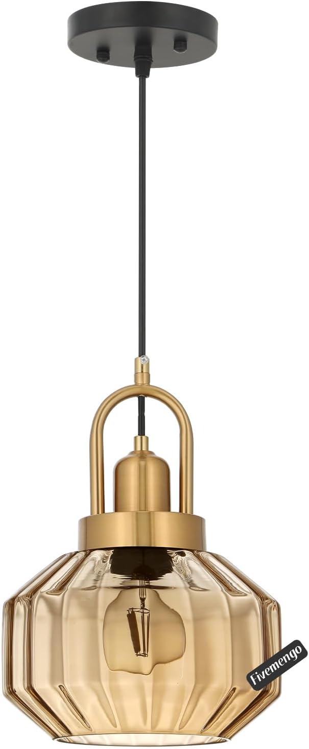 9in Mid Century Modern Amber Glass Pendant Light Fixture, Small Gold Kitchen Island Pendants Light Glass Ceiling Hanging Lamp for Foyer Dining Room Bedroom Entryway Hallway Over Sink