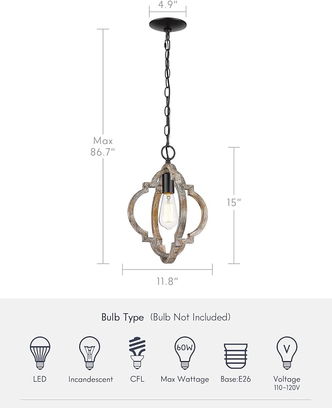 Farmhouse Pendant Lights, 2Pack Wood Dining Room Lighting Fixtures, Adjustable Height Hanging Pendant Lights for Foyer, Kitchen Island, Entryway