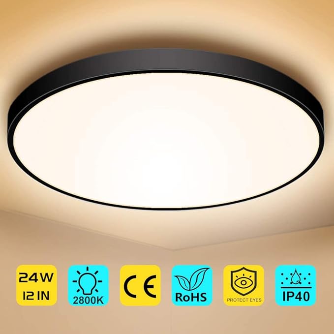 LED Flush Mount Ceiling Light Fixture, 12 Inch 24W (240W Equivalent) 2800K Warm White, 3200LM, Flat Modern Round Lighting Fixture, Black Ceiling Lamp for Kitchens, Stairwells, Bedrooms.etc.