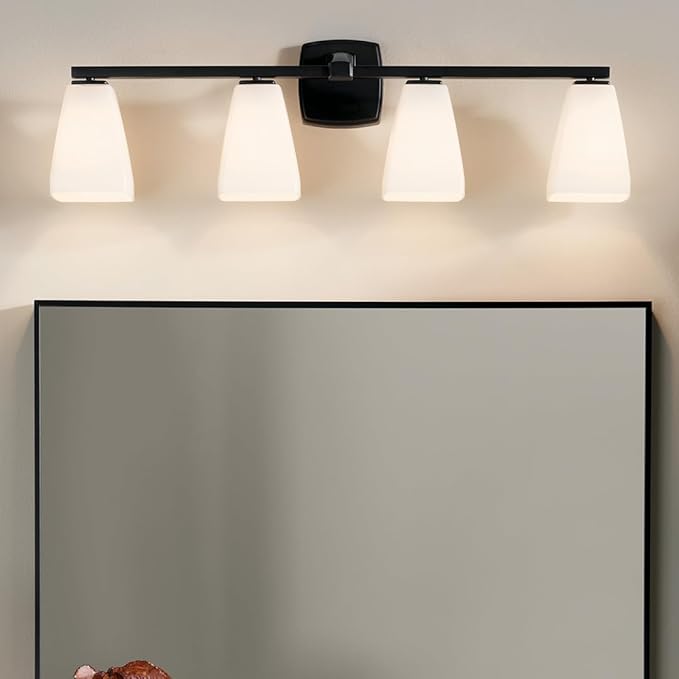 Kichler Marant 33.25" 4-Light Bathroom Vanity Light Fixture with Opal Glass in Black for Over Mirror, Modern Wall Mount Lighting for Powder Room (33.25" W x 9.5" H), 55217BK