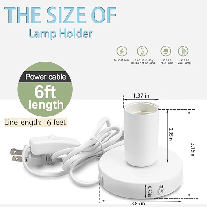 Polished Metal Desktop Lamp Base E26 E27 Screw Light Bulb Night Light Base Lamp Replacement, 6 Feet Cord Extension On/Off Switch, Small Replacement Screw Ceiling Bulb Hold. (White)
