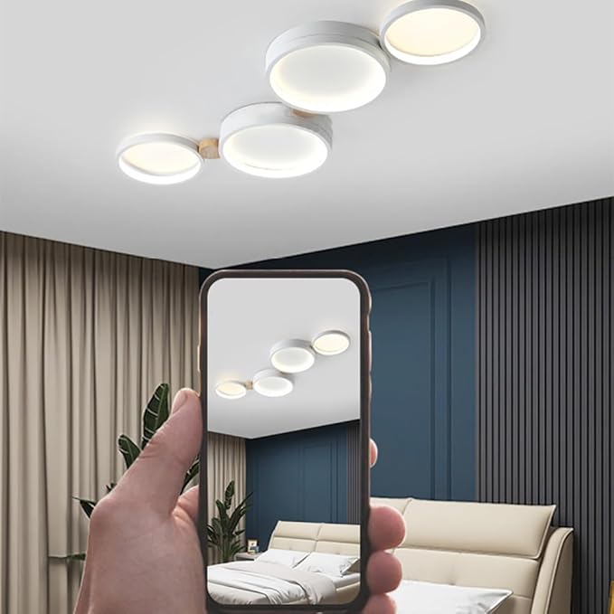 4-Lights LED Ceiling Light Fixture,Modern 23 Inch Dimmable Ceiling Lights Flush Mount Wooden 30W Chandelier for Living Room Bedroom Kitchen,3000K/4000K/6000K Temperatures Selectable White