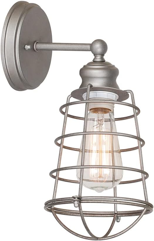 Design House 519702 Ajax Industrial Modern 1-Light Indoor Wall Light with Wire Metal Cage for Bathroom Hallway Foyer Kitchen, Galvanized Finish