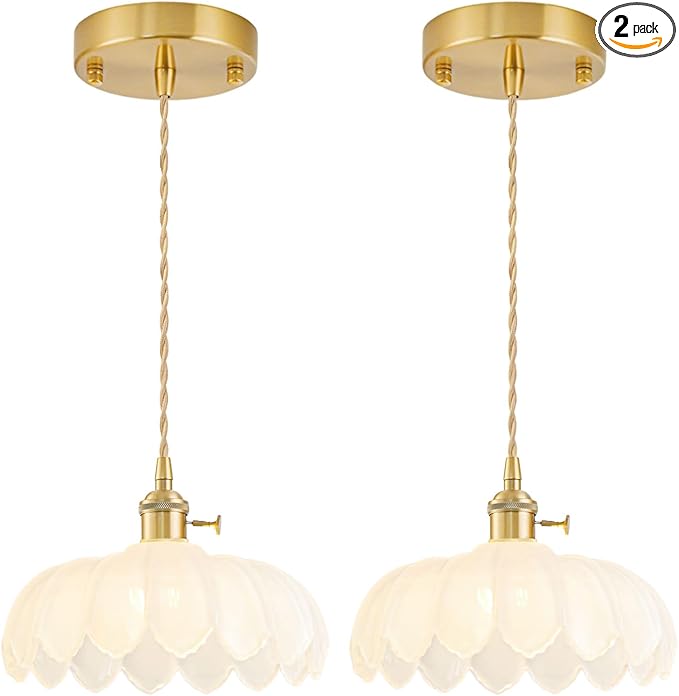 2 Pack Glass Pendant Lights Kitchen Island, Vintage Brass Pendant Light Fixtures, Adjustable Milk White Kitchen Pendant Lighting Over Island for Bedroom Living Room Hallway Dining Room
