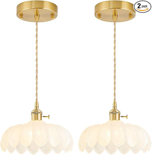 2 Pack Glass Pendant Lights Kitchen Island, Vintage Brass Pendant Light Fixtures, Adjustable Milk White Kitchen Pendant Lighting Over Island for Bedroom Living Room Hallway Dining Room