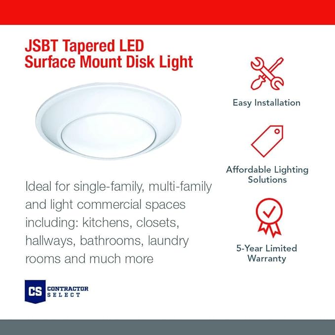 Juno SlimBasics 4 Inch LED Ceiling Light, LED Surface Mount Downlight for Shower Light or Closet Lighting, 3000K Neutral White, Tapered Trim, Wet Rated, Matte White (JSBT 4IN 30K 90CRI MW WL M6)