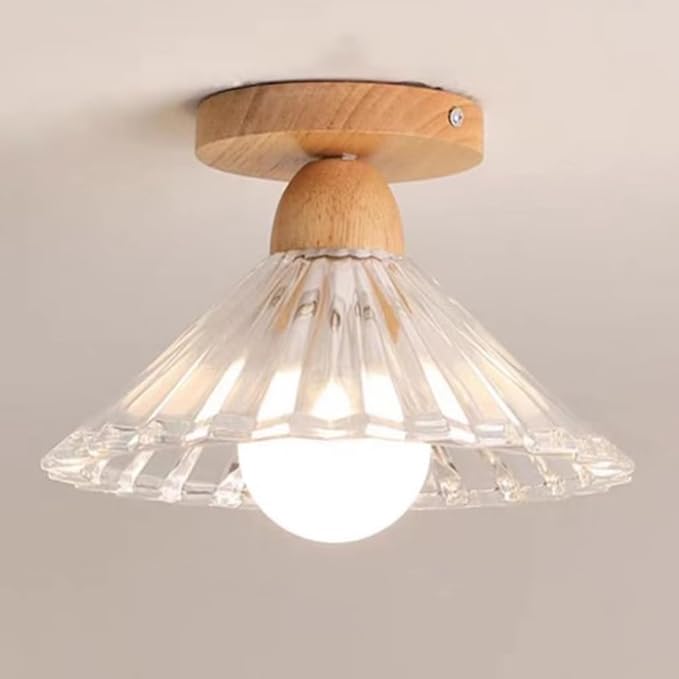 Schoolhouse Light Fixture Wood Ceiling Lamp, Semi Flush Mount Ceiling Light, 12'' Base, Balcony Solid Wood Hanging Light Farmhouse Bedroom Kitchen Hallway Glass Close to Ceiling Lights (C)