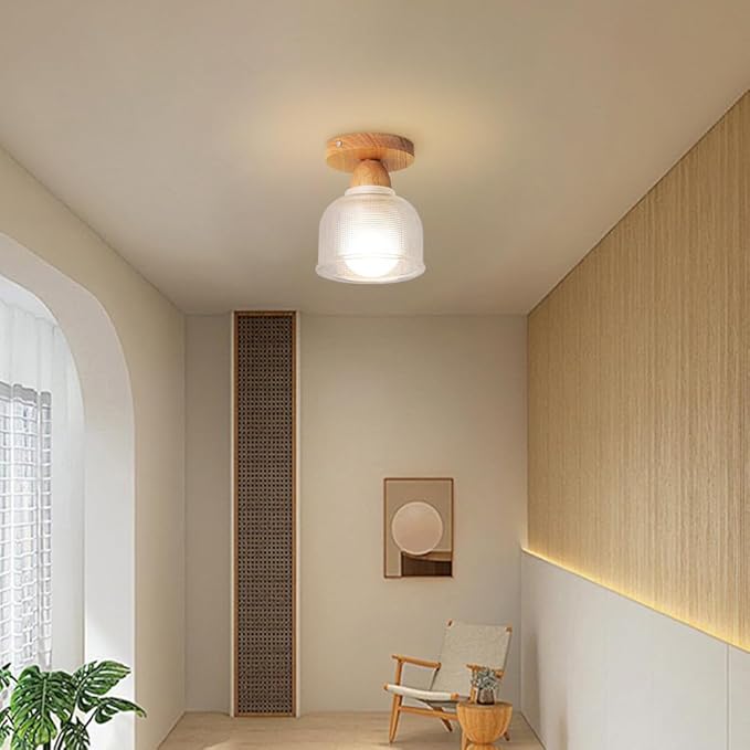 Schoolhouse Light Fixture Wood Ceiling Lamp, Semi Flush Mount Ceiling Light, 12'' Base, Balcony Solid Wood Hanging Light Farmhouse Bedroom Kitchen Hallway Glass Close to Ceiling Lights (A)