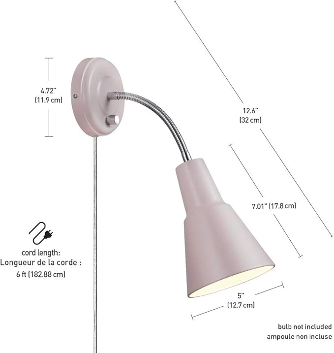 Globe Electric 13064 Sophie 1-Light Plug-in or Hardwire Wall Sconce, Chrome Gooseneck, Matte Rose, 6ft Clear Cord, Bulb Not Included