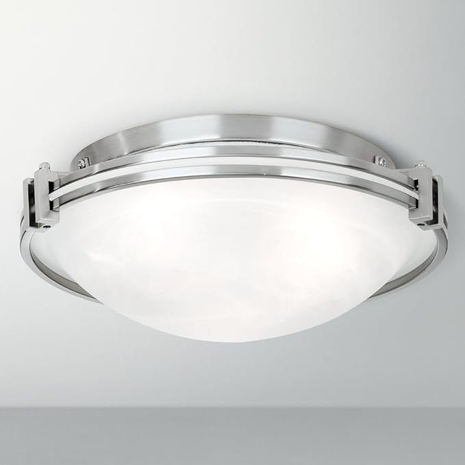 Possini Euro Design Modern Ceiling Light Flush Mount Fixture 16 3/4" Wide Brushed Nickel Silver Metal Marbleized Glass Shade for Bedroom Kitchen Living Room Family Hallway Bathroom House Dining