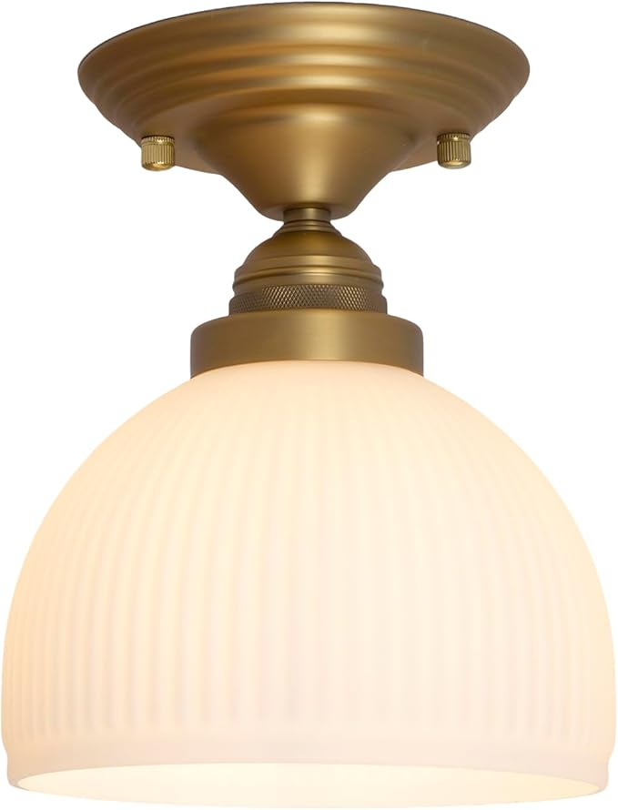 Industrial Flush Mount Ceiling Light with White Striped Globe Glass Lampshade, Vintage Glass Close to Ceiling Light Fixture for Kitchen Island Bedroom Entryway Stairwell