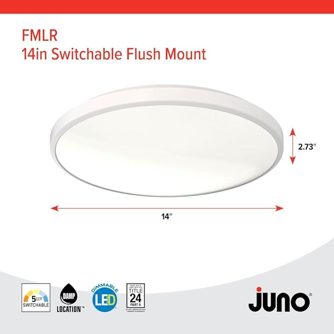 Juno 14 Inch Round LED Flush Mount Ceiling Light, Low Profile Modern Ceiling Light Fixture, Selectable 2700K/3000K/3500K/4000K/5000K Color Temperature, Dimmable, White (FMLR 14IN SWW5 90CRI WBT M4)