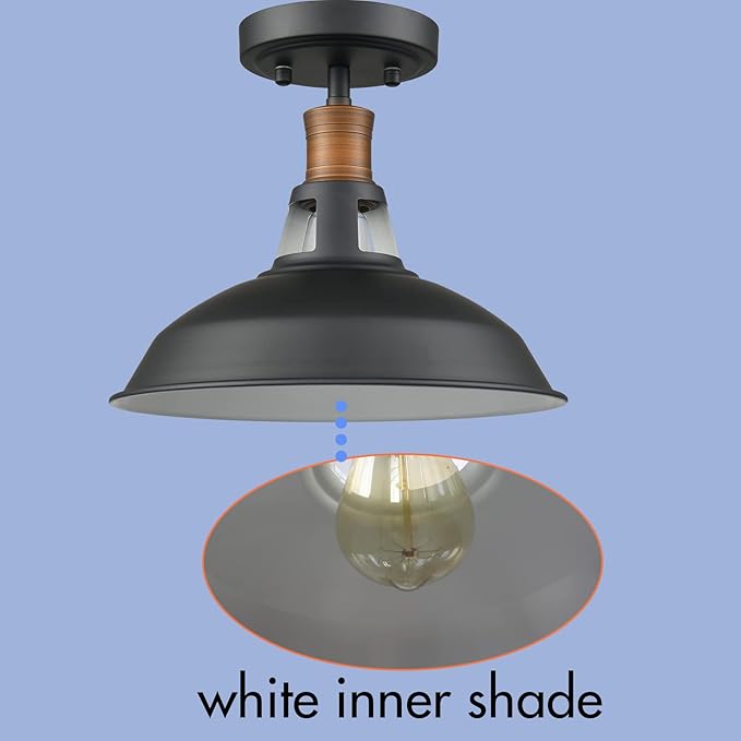 CLAXY Industrial Ceiling Light Semi Flush Mount Light Fixture with Black and White Barn Shade Dimmable for Kitchen Bedroom Entryway