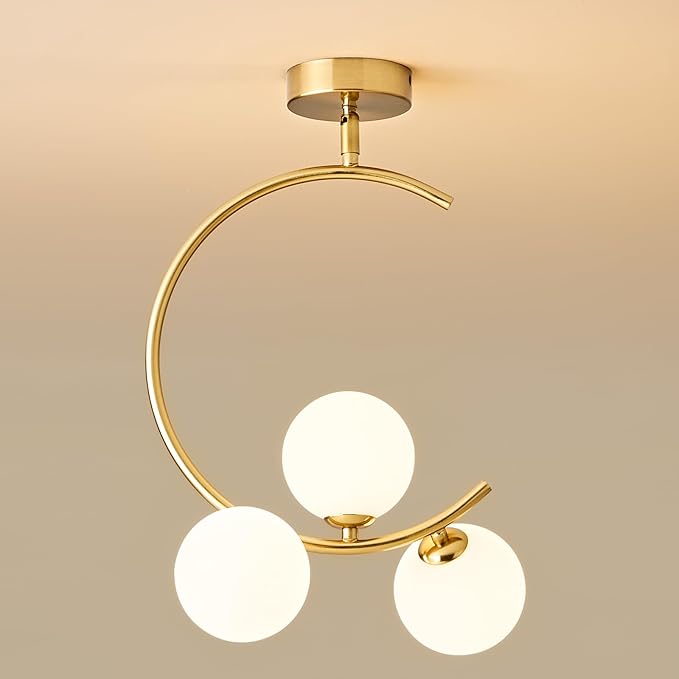 Hallway Light Fixtures, 3-Light Gold Semi Flush Mount Ceiling Light Fixture 3 Globe Glass lampshades, for Kitchen, Dining Table, Bedroom, Hallway, Entryway and Balcony