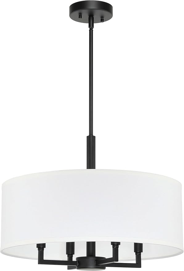 XiNBEi Lighting Drum Chandelier, Farmhouse 4 Light Pendant Light with White Fabric Shade Black Pendant Lighting Fixture for Kitchen Island Living Room XB-P1296-MB